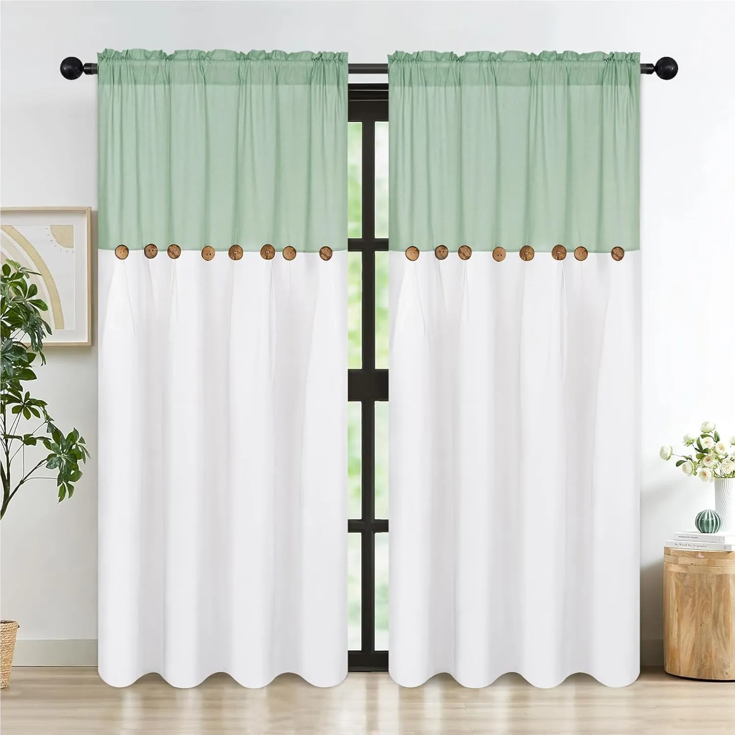 FRAMICS Farmhouse Cotton Linen Curtains for Living Room, Boho Button Curtains 84 Inch Length 2 Panels Set, Navy Blue Rustic Country Linen Window Curtains for Bedroom, Rod Pocket Drapes, 52 x 84 Inch