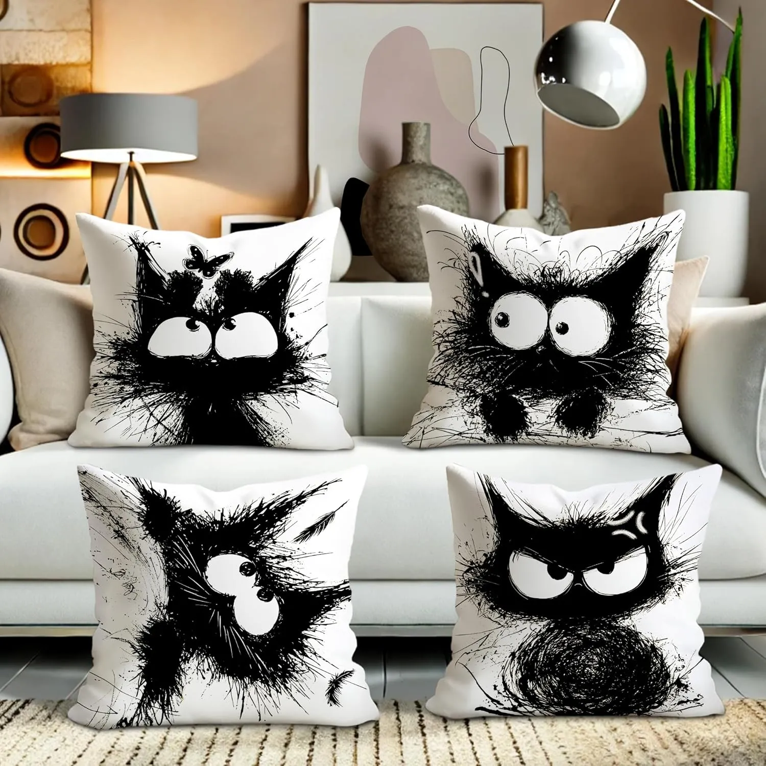 Funny Black Cat Throw Pillow Covers 20x20 Set of 4, Cartoon Gothic Pet Pillow Cases Kit with Zipper, Fun Cute Kids Goth Cat Pillows for Cat Lovers Velvet Decor for Couch Sofa Living Room Bed