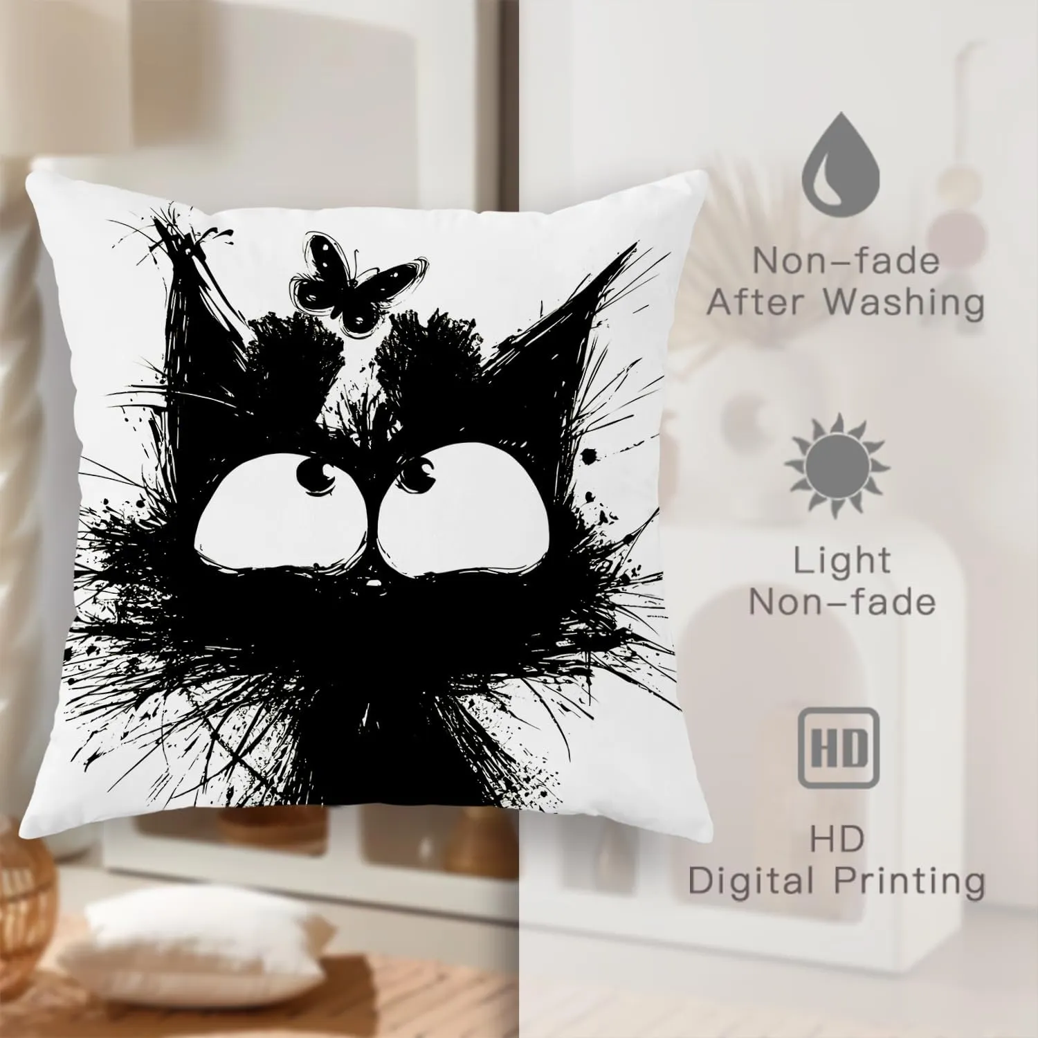 Funny Black Cat Throw Pillow Covers 20x20 Set of 4, Cartoon Gothic Pet Pillow Cases Kit with Zipper, Fun Cute Kids Goth Cat Pillows for Cat Lovers Velvet Decor for Couch Sofa Living Room Bed