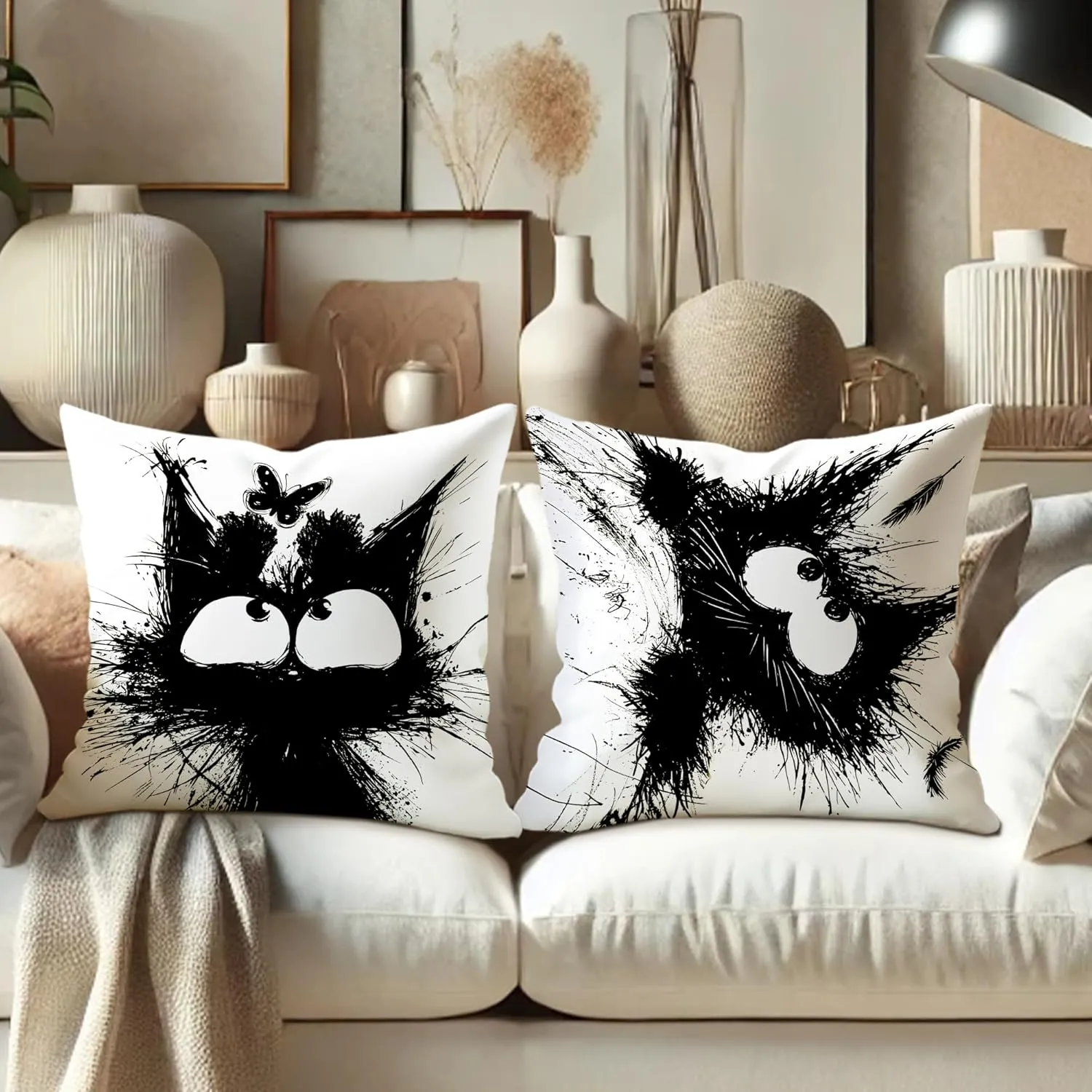 Funny Black Cat Throw Pillow Covers 20x20 Set of 4, Cartoon Gothic Pet Pillow Cases Kit with Zipper, Fun Cute Kids Goth Cat Pillows for Cat Lovers Velvet Decor for Couch Sofa Living Room Bed