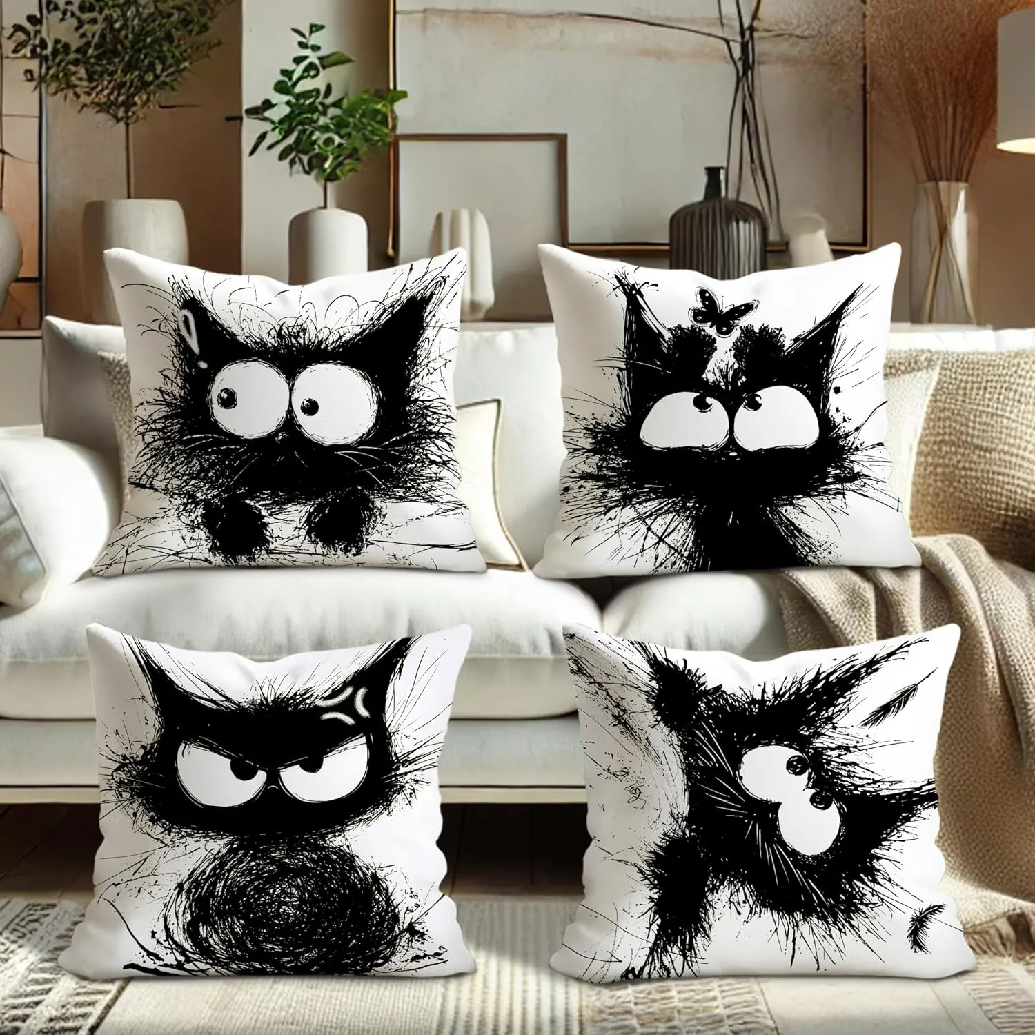 Funny Black Cat Throw Pillow Covers 20x20 Set of 4, Cartoon Gothic Pet Pillow Cases Kit with Zipper, Fun Cute Kids Goth Cat Pillows for Cat Lovers Velvet Decor for Couch Sofa Living Room Bed