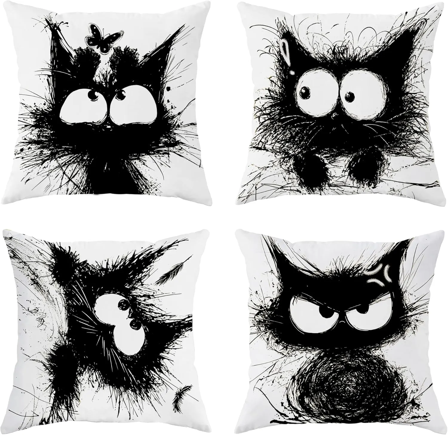 Funny Black Cat Throw Pillow Covers 20x20 Set of 4, Cartoon Gothic Pet Pillow Cases Kit with Zipper, Fun Cute Kids Goth Cat Pillows for Cat Lovers Velvet Decor for Couch Sofa Living Room Bed