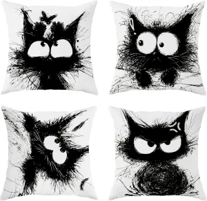 Funny Black Cat Throw Pillow Covers 20x20 Set of 4, Cartoon Gothic Pet Pillow Cases Kit with Zipper, Fun Cute Kids Goth Cat Pillows for Cat Lovers Velvet Decor for Couch Sofa Living Room Bed