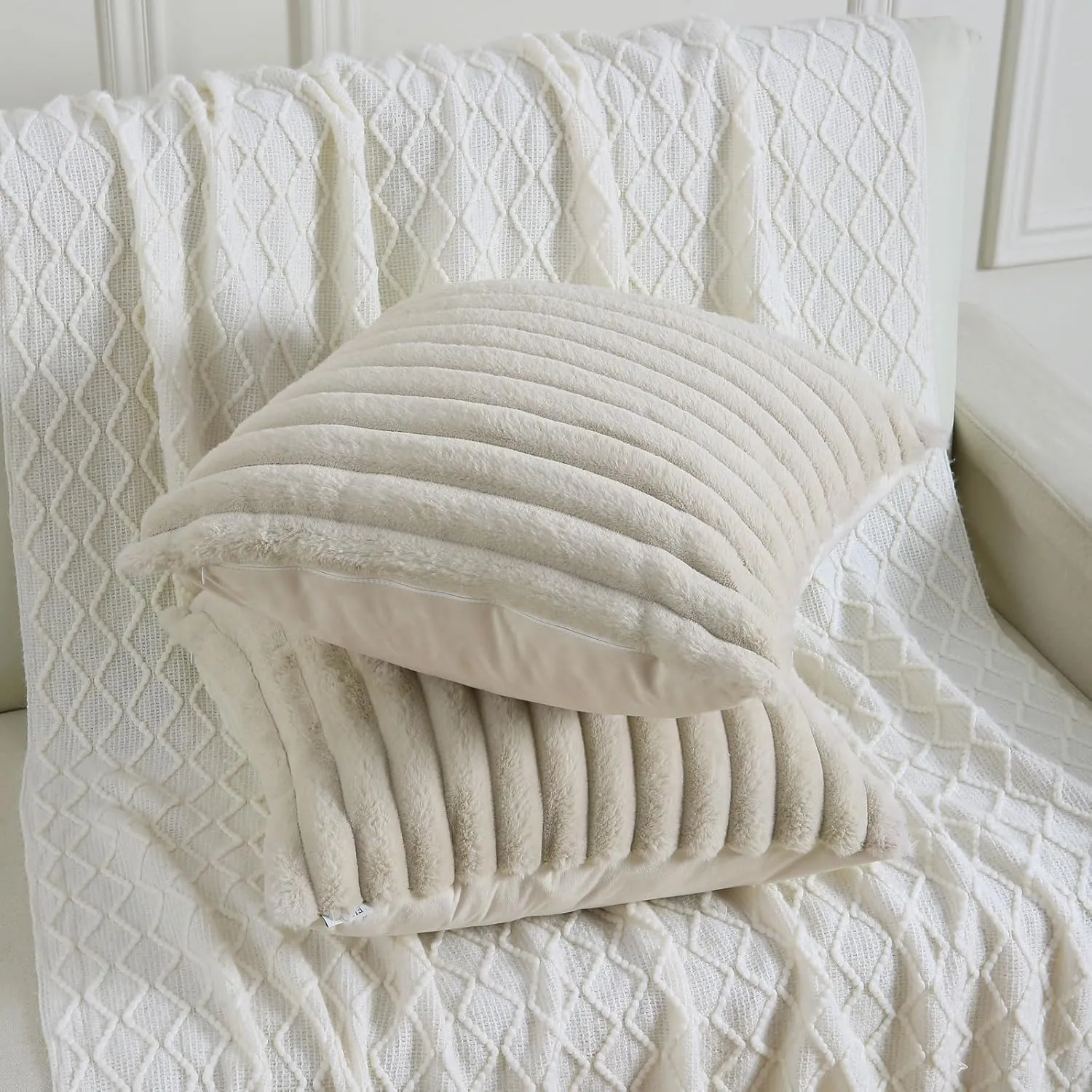 FUTEI Beige Striped Decorative Throw Pillow Covers 18x18 Inch Set of 2,Square Spring Decorations Couch Pillow Case,Soft Cozy Faux Rabbit Fur & Velvet Back,Modern Home Decor for Bed