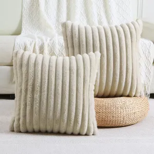 FUTEI Beige Striped Decorative Throw Pillow Covers 18x18 Inch Set of 2,Square Spring Decorations Couch Pillow Case,Soft Cozy Faux Rabbit Fur & Velvet Back,Modern Home Decor for Bed