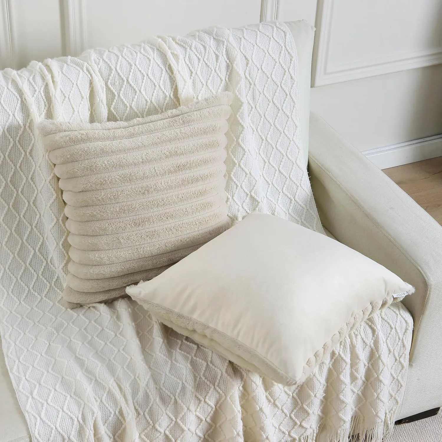 FUTEI Beige Striped Decorative Throw Pillow Covers 18x18 Inch Set of 2,Square Spring Decorations Couch Pillow Case,Soft Cozy Faux Rabbit Fur & Velvet Back,Modern Home Decor for Bed