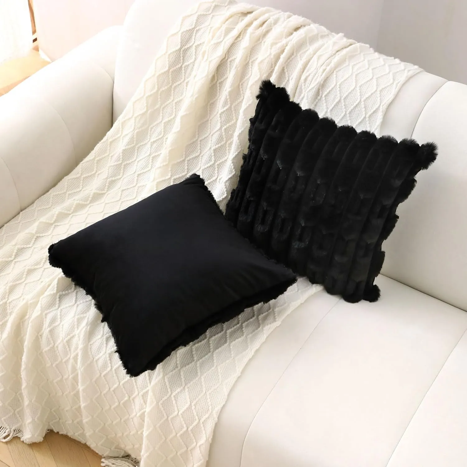 FUTEI Black Striped Decorative Throw Pillow Covers 18x18 Inch Set of 2,Square Cushion Case,Soft Faux Rabbit Fur & Velvet Back,Modern Home Decor for Couch Bed