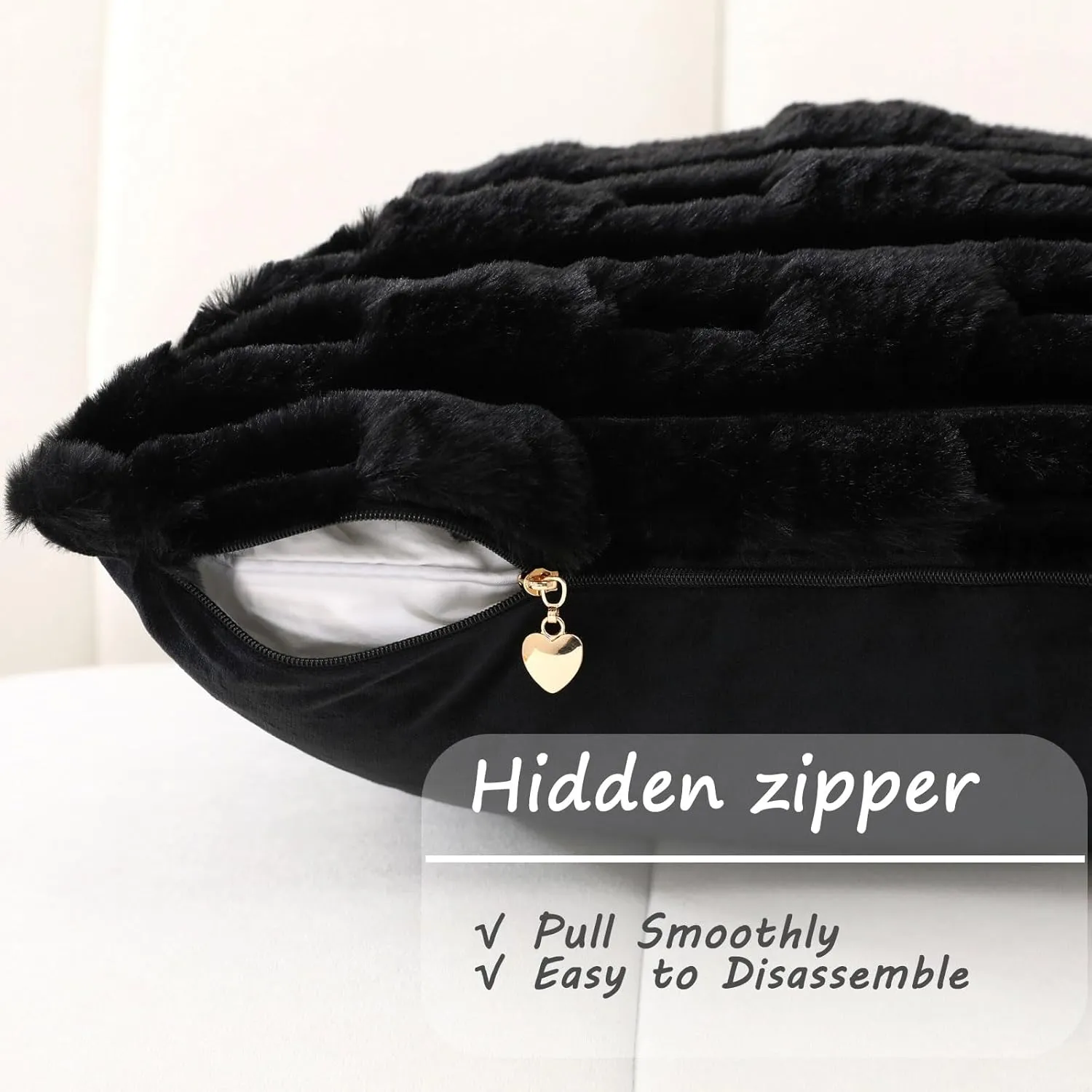 FUTEI Black Striped Decorative Throw Pillow Covers 18x18 Inch Set of 2,Square Cushion Case,Soft Faux Rabbit Fur & Velvet Back,Modern Home Decor for Couch Bed