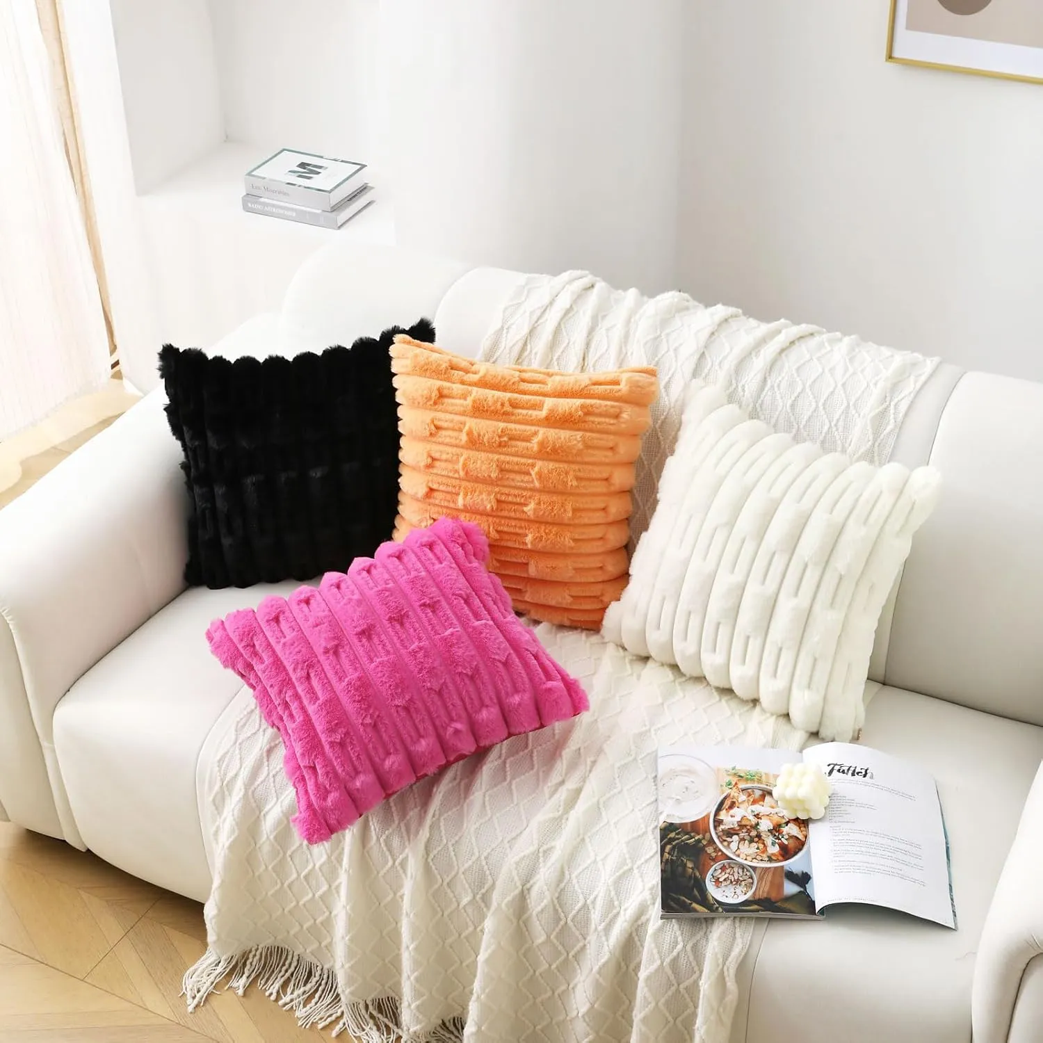 FUTEI Black Striped Decorative Throw Pillow Covers 18x18 Inch Set of 2,Square Cushion Case,Soft Faux Rabbit Fur & Velvet Back,Modern Home Decor for Couch Bed