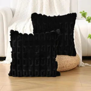 FUTEI Black Striped Decorative Throw Pillow Covers 18x18 Inch Set of 2,Square Cushion Case,Soft Faux Rabbit Fur & Velvet Back,Modern Home Decor for Couch Bed