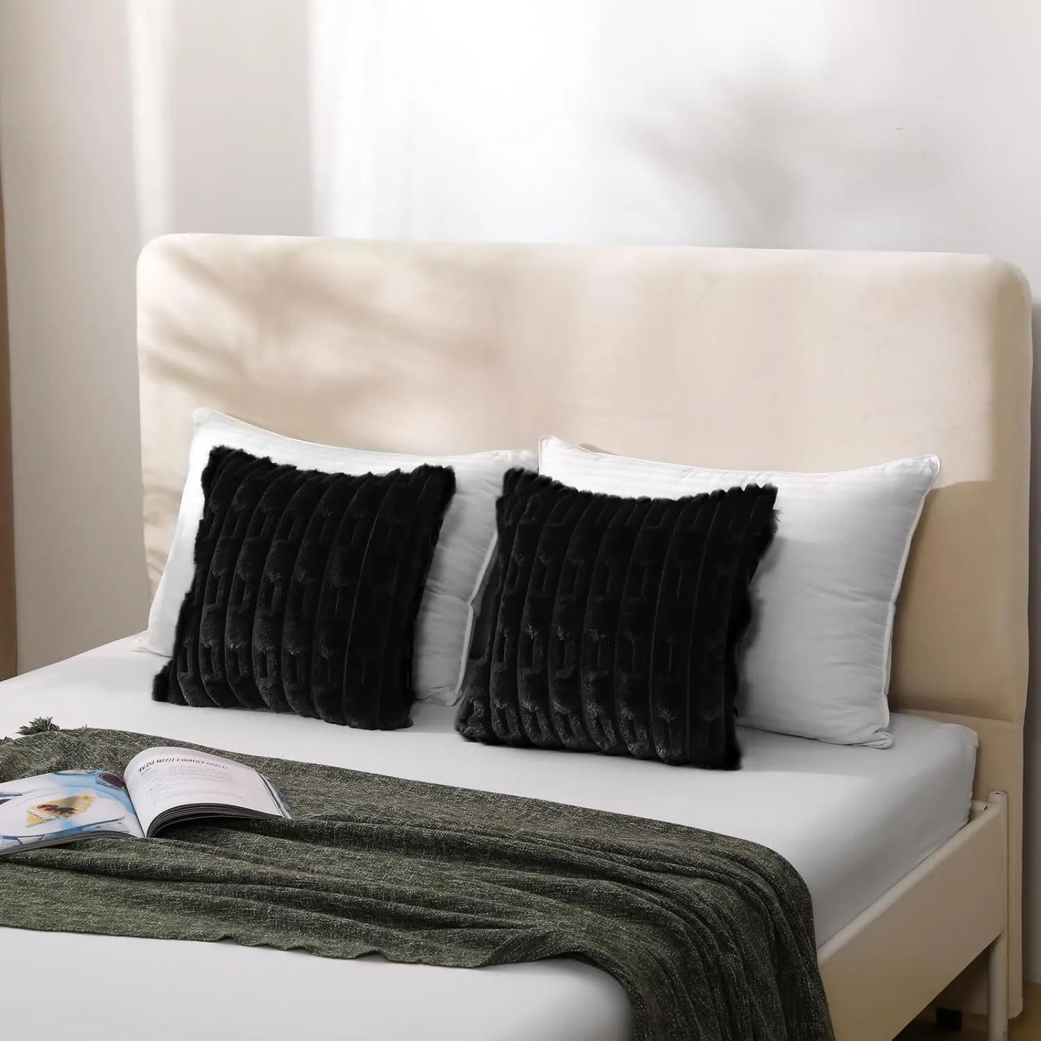 FUTEI Black Striped Decorative Throw Pillow Covers 18x18 Inch Set of 2,Square Cushion Case,Soft Faux Rabbit Fur & Velvet Back,Modern Home Decor for Couch Bed