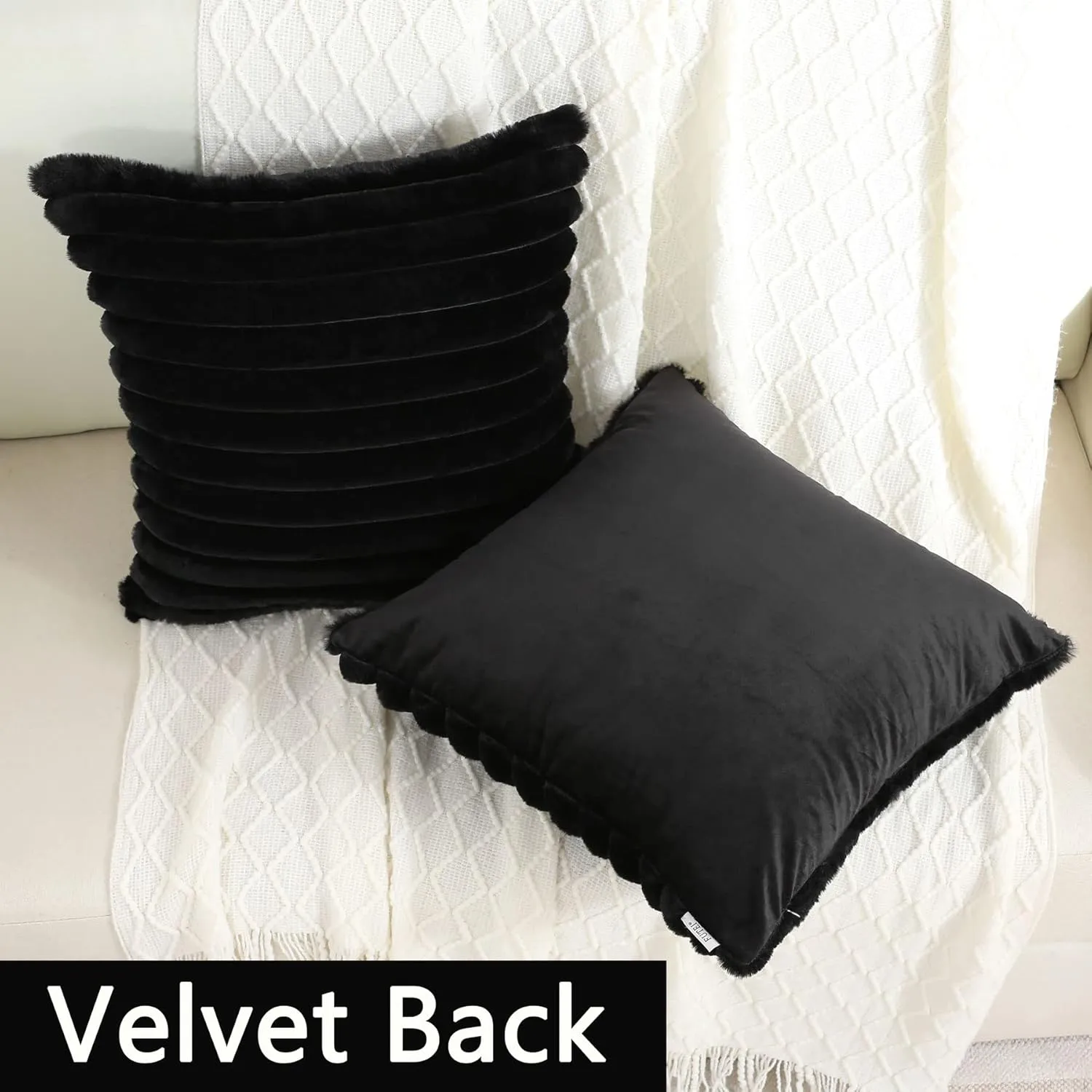 FUTEI Black Striped Decorative Throw Pillow Covers 22x22 Inch Set of 2,Square Spring Decorations Couch Pillow Case,Soft Cozy Faux Rabbit Fur & Velvet Back,Modern Home Decor for Bed