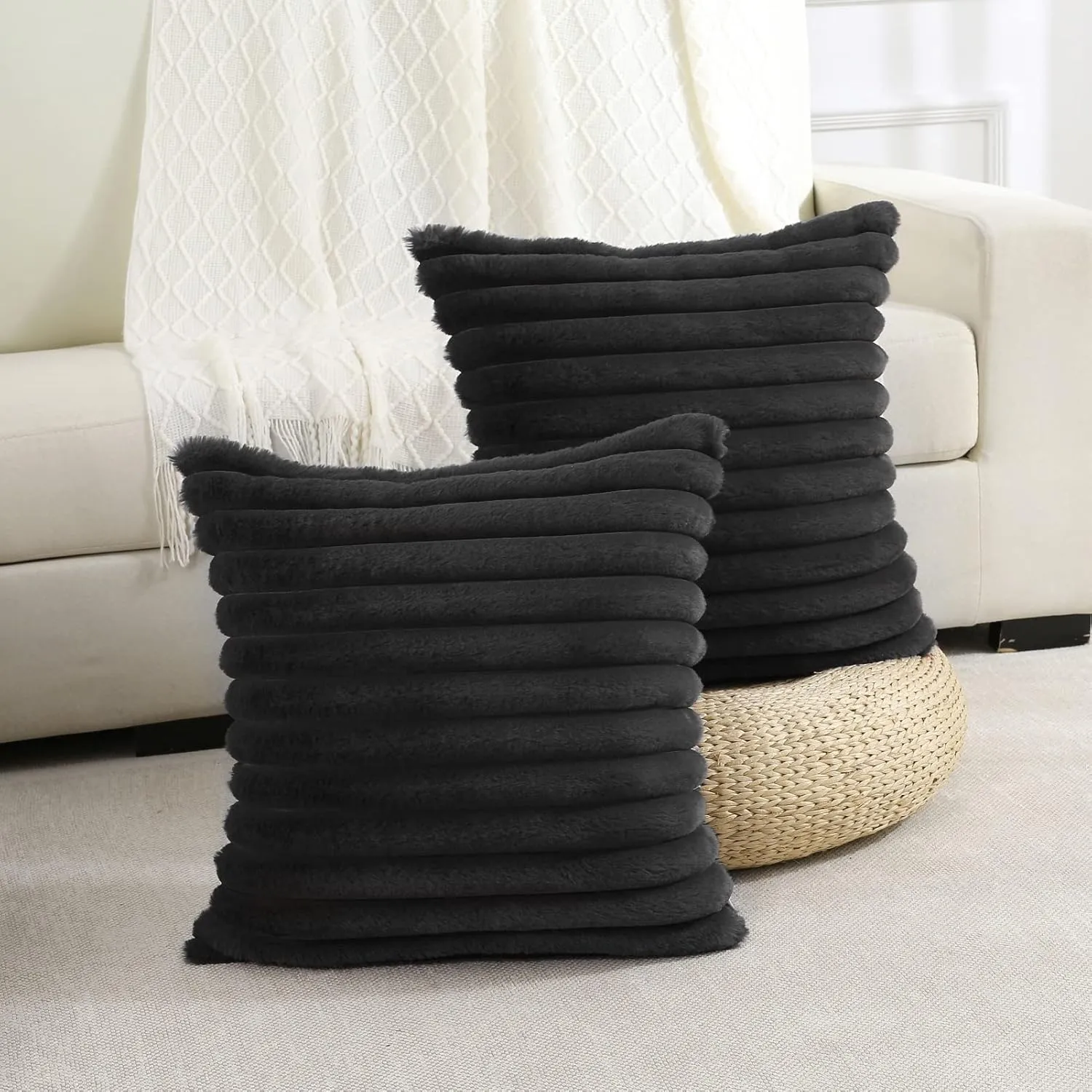 FUTEI Black Striped Decorative Throw Pillow Covers 22x22 Inch Set of 2,Square Spring Decorations Couch Pillow Case,Soft Cozy Faux Rabbit Fur & Velvet Back,Modern Home Decor for Bed