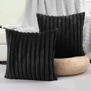 FUTEI Black Striped Decorative Throw Pillow Covers 22x22 Inch Set of 2,Square Spring Decorations Couch Pillow Case,Soft Cozy Faux Rabbit Fur & Velvet Back,Modern Home Decor for Bed