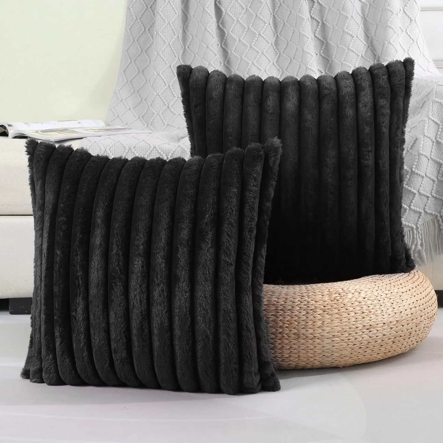 FUTEI Black Striped Decorative Throw Pillow Covers 22x22 Inch Set of 2,Square Spring Decorations Couch Pillow Case,Soft Cozy Faux Rabbit Fur & Velvet Back,Modern Home Decor for Bed