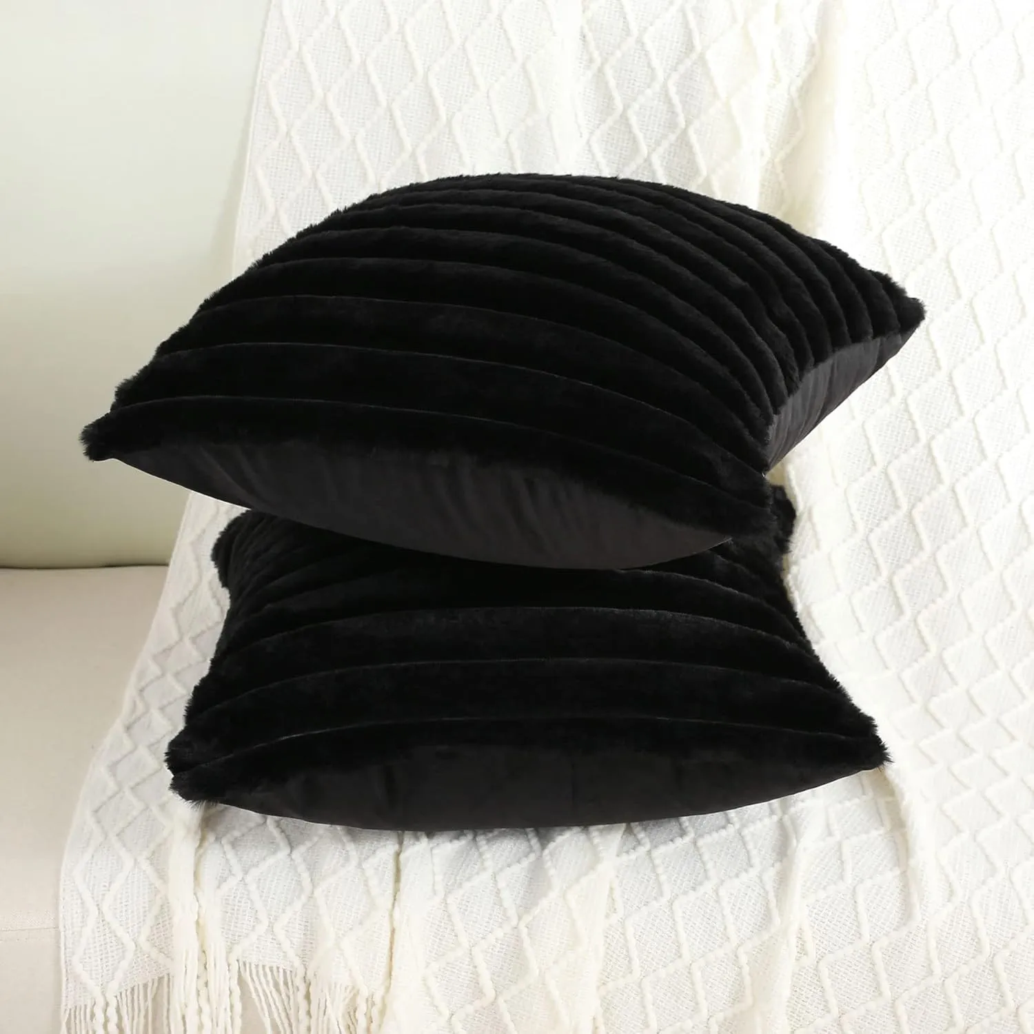 FUTEI Black Striped Decorative Throw Pillow Covers 22x22 Inch Set of 2,Square Spring Decorations Couch Pillow Case,Soft Cozy Faux Rabbit Fur & Velvet Back,Modern Home Decor for Bed