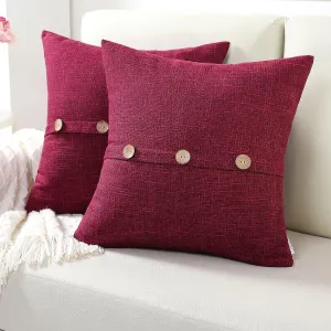 FUTEI Burgundy Linen Decorative Throw Pillow Covers 20x20 Inch Set of 2, Square Cushion Case with Vintage Button/Zipper,Modern Farmhouse Home Decor for Couch,Bed