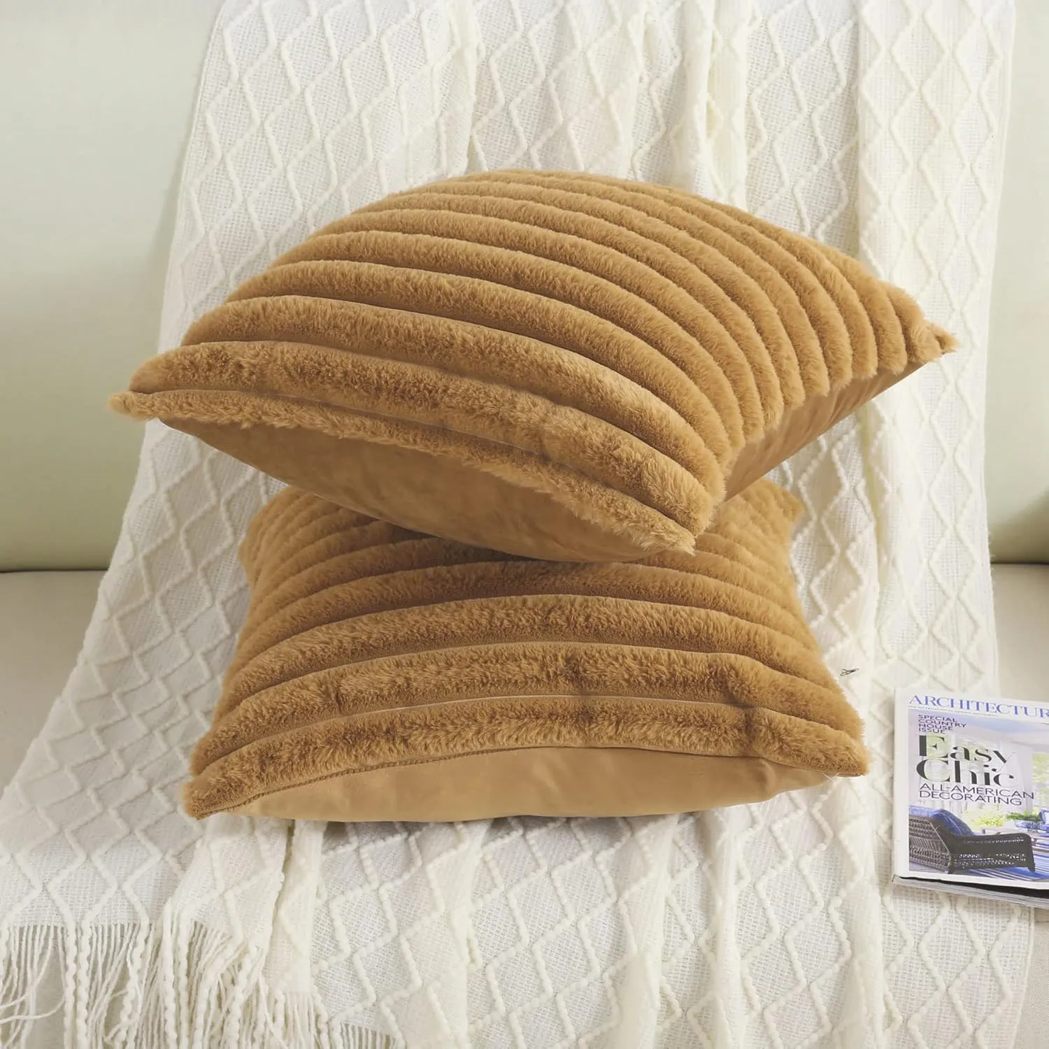 FUTEI Camel Striped Decorative Throw Pillow Covers 18x18 Inch Set of 2,Square Spring Decorations Couch Pillow Case,Soft Cozy Faux Rabbit Fur & Velvet Back,Modern Home Decor for Bed