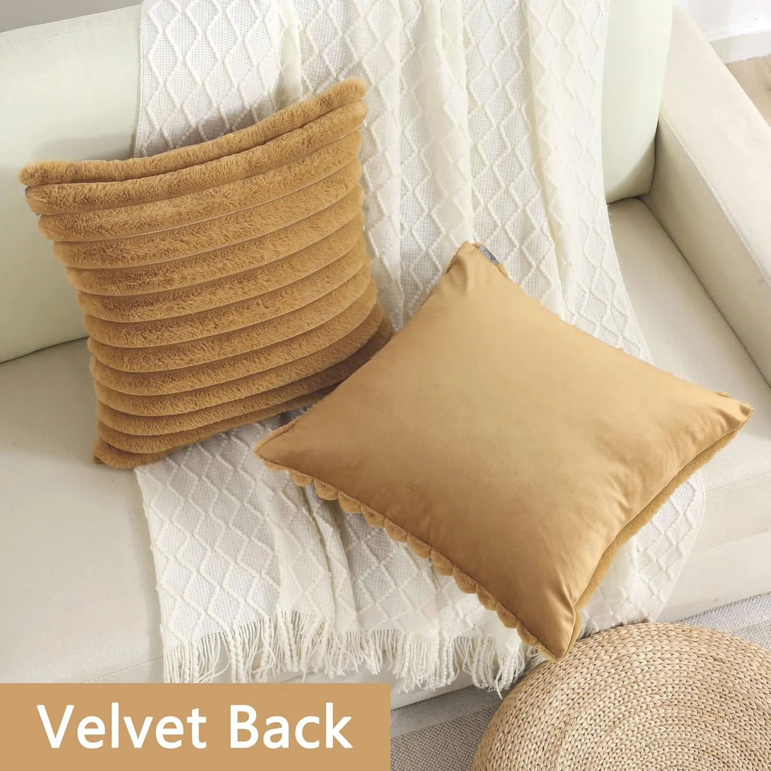 FUTEI Camel Striped Decorative Throw Pillow Covers 18x18 Inch Set of 2,Square Spring Decorations Couch Pillow Case,Soft Cozy Faux Rabbit Fur & Velvet Back,Modern Home Decor for Bed