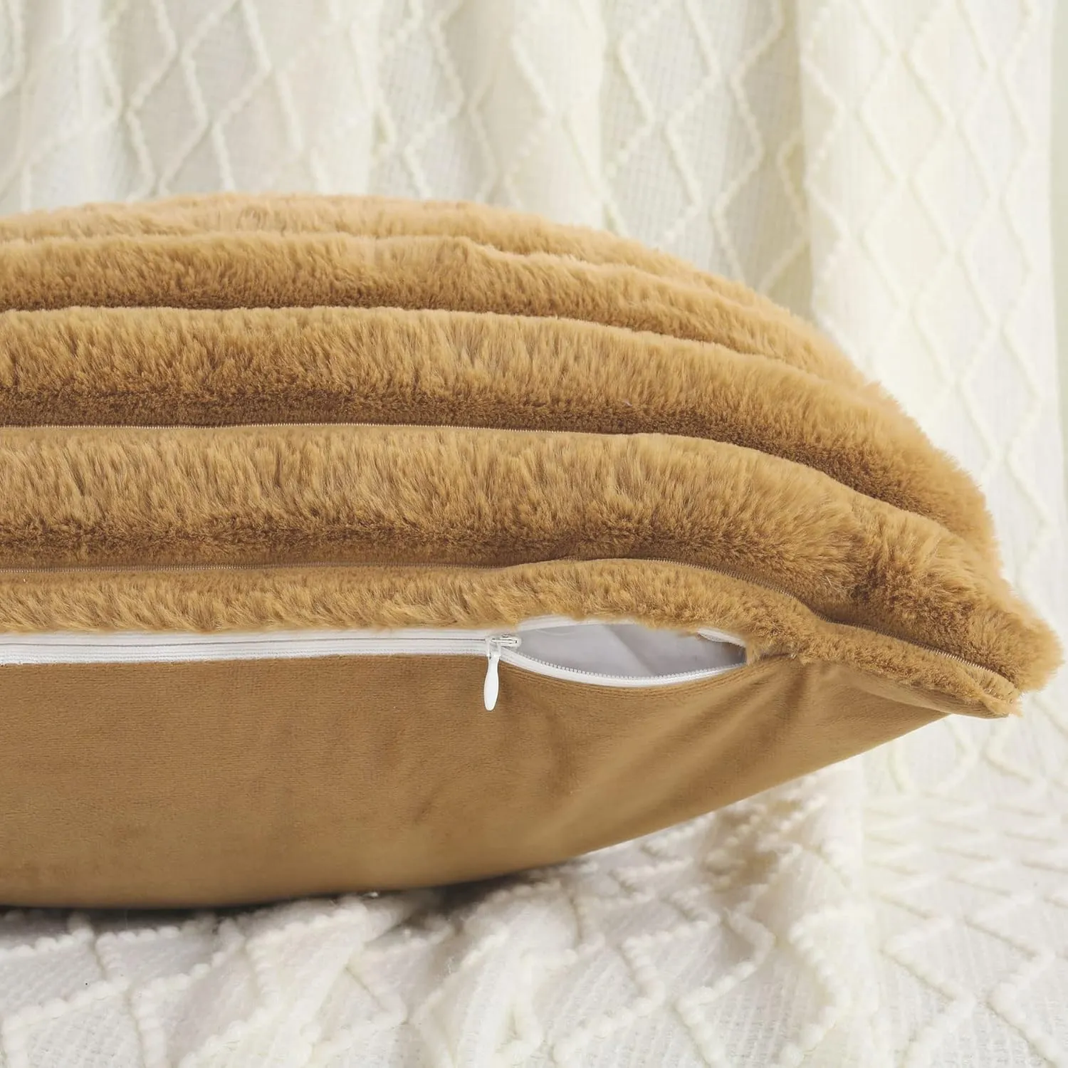 FUTEI Camel Striped Decorative Throw Pillow Covers 18x18 Inch Set of 2,Square Spring Decorations Couch Pillow Case,Soft Cozy Faux Rabbit Fur & Velvet Back,Modern Home Decor for Bed