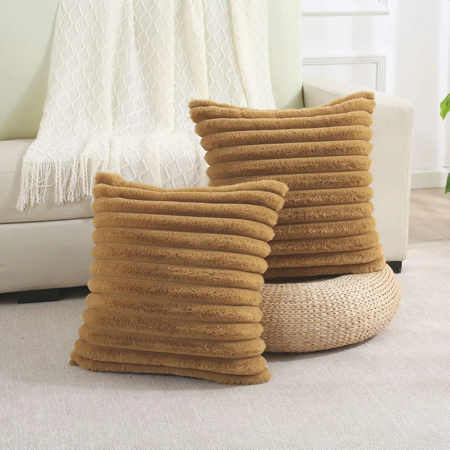 FUTEI Camel Striped Decorative Throw Pillow Covers 18x18 Inch Set of 2,Square Spring Decorations Couch Pillow Case,Soft Cozy Faux Rabbit Fur & Velvet Back,Modern Home Decor for Bed