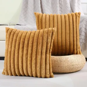 FUTEI Camel Striped Decorative Throw Pillow Covers 18x18 Inch Set of 2,Square Spring Decorations Couch Pillow Case,Soft Cozy Faux Rabbit Fur & Velvet Back,Modern Home Decor for Bed