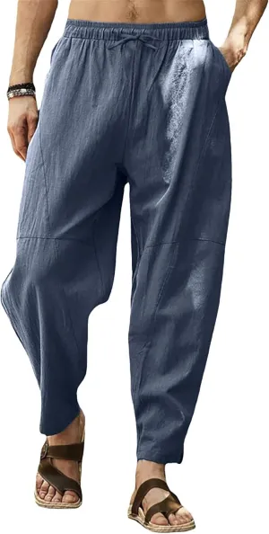 Gafeng Mens Linen Harem Pants Casual Loose Fit Beach Drawstring Elastic Waist Yoga Trousers with Pockets