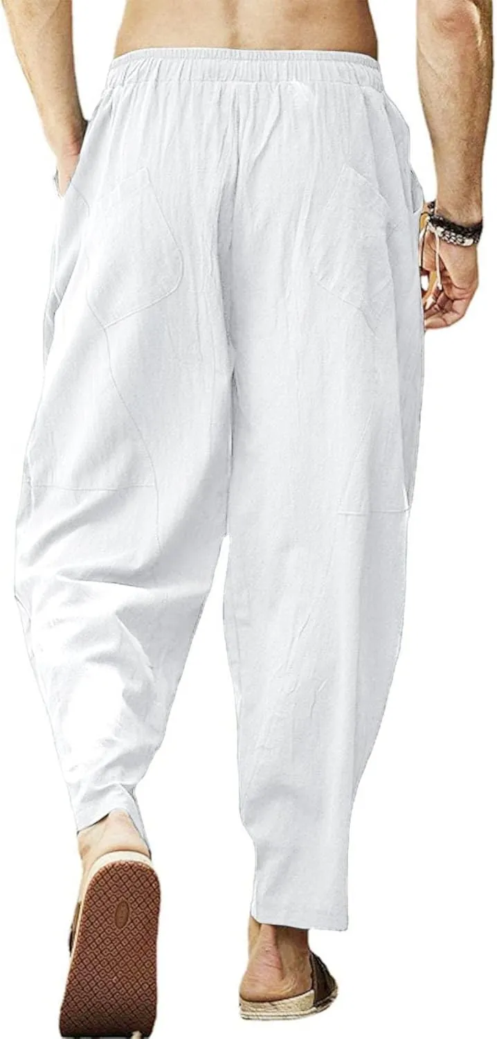 Gafeng Mens Linen Harem Pants Casual Loose Fit Beach Drawstring Elastic Waist Yoga Trousers with Pockets