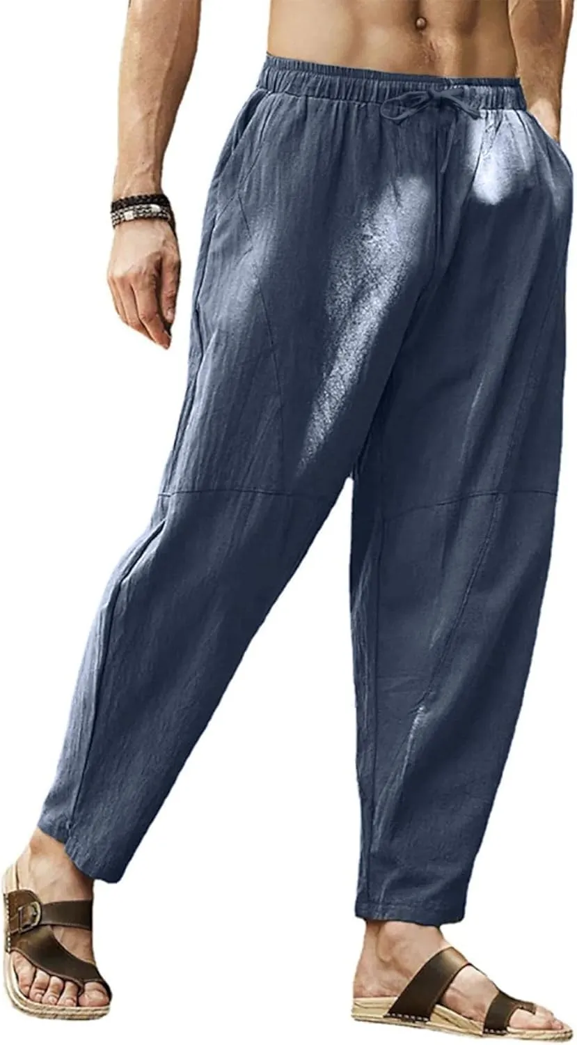 Gafeng Mens Linen Harem Pants Casual Loose Fit Beach Drawstring Elastic Waist Yoga Trousers with Pockets