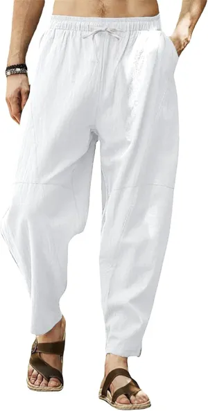 Gafeng Mens Linen Harem Pants Casual Loose Fit Beach Drawstring Elastic Waist Yoga Trousers with Pockets