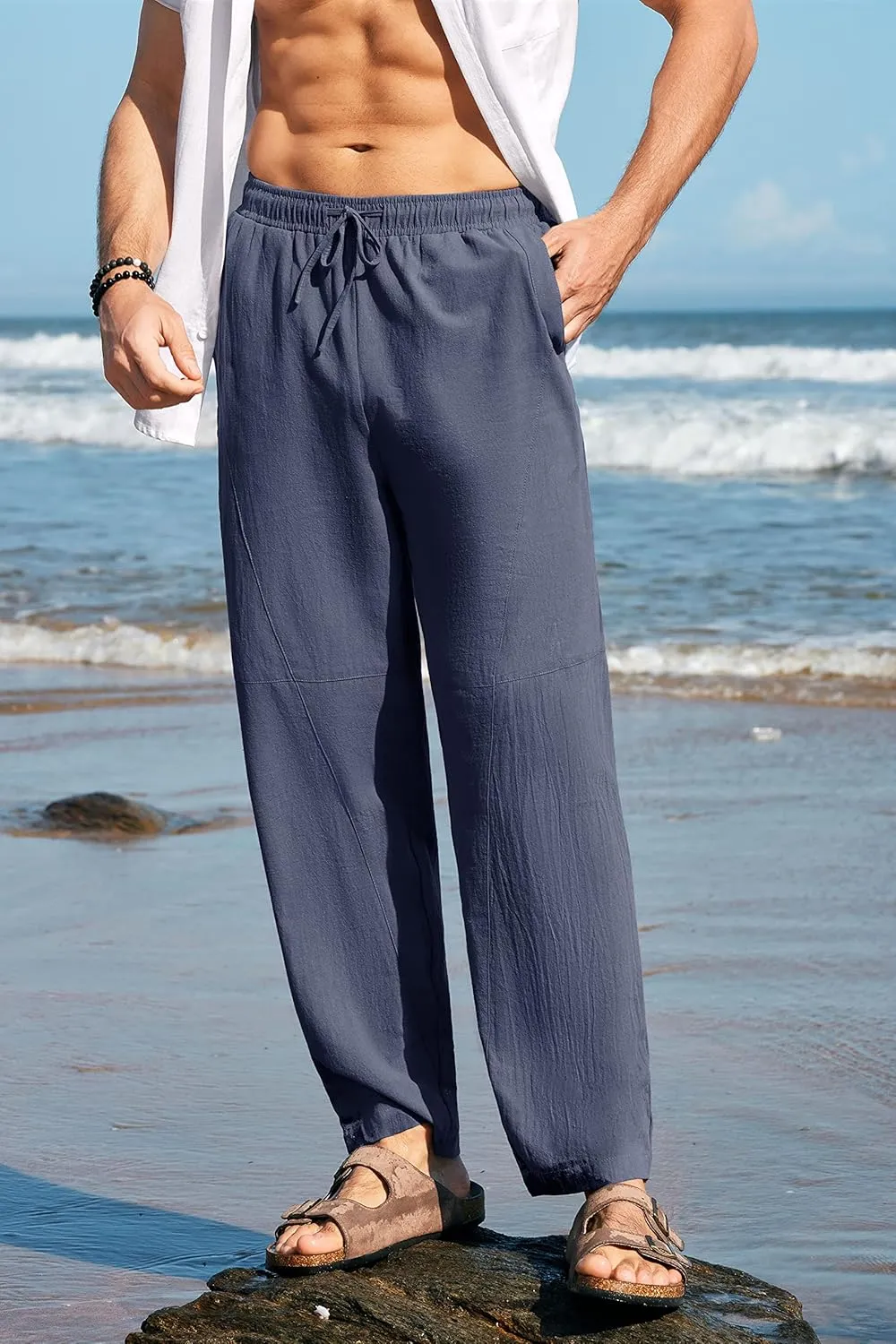 Gafeng Mens Linen Harem Pants Casual Loose Fit Beach Drawstring Elastic Waist Yoga Trousers with Pockets