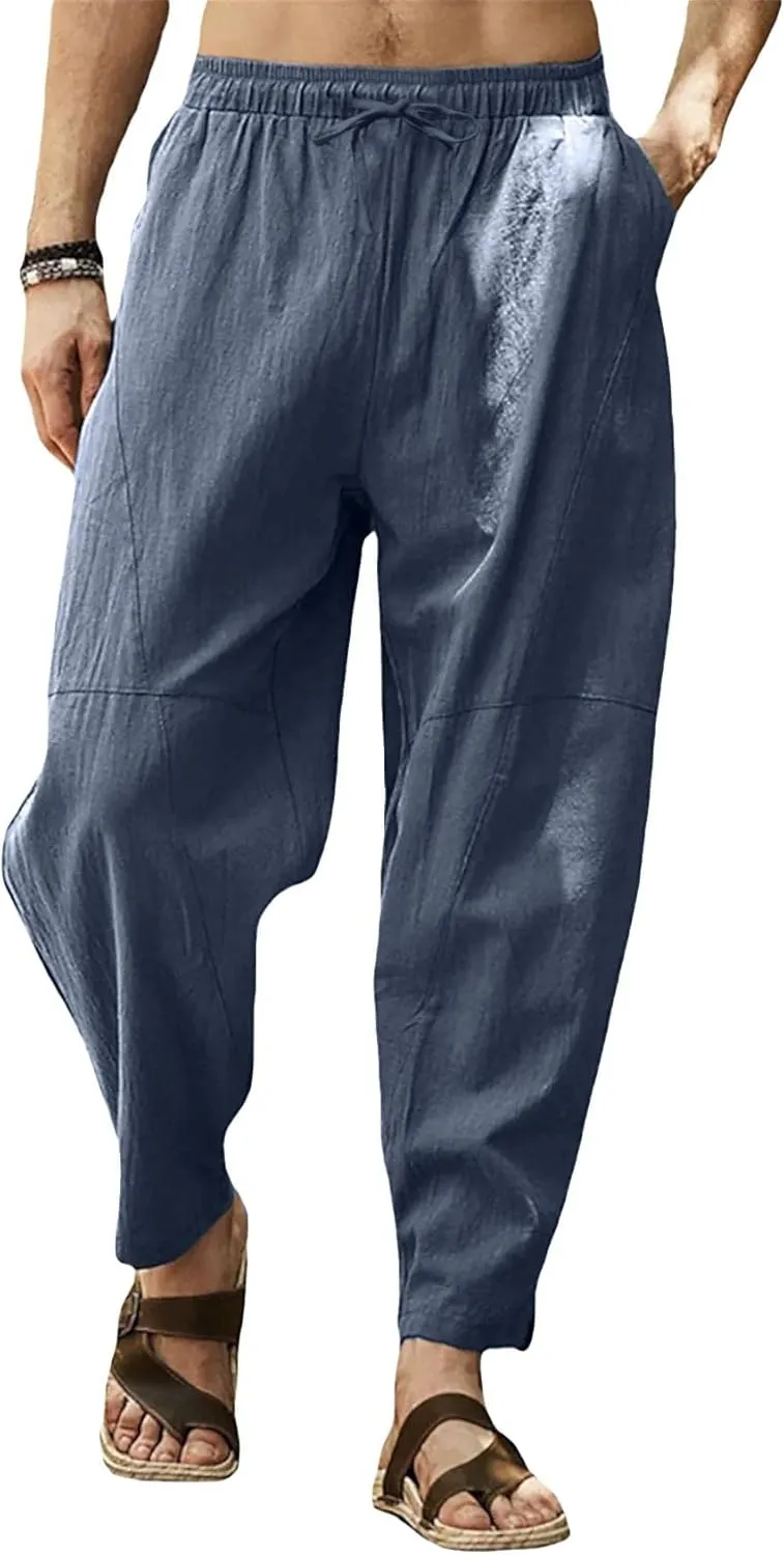 Gafeng Mens Linen Harem Pants Casual Loose Fit Beach Drawstring Elastic Waist Yoga Trousers with Pockets