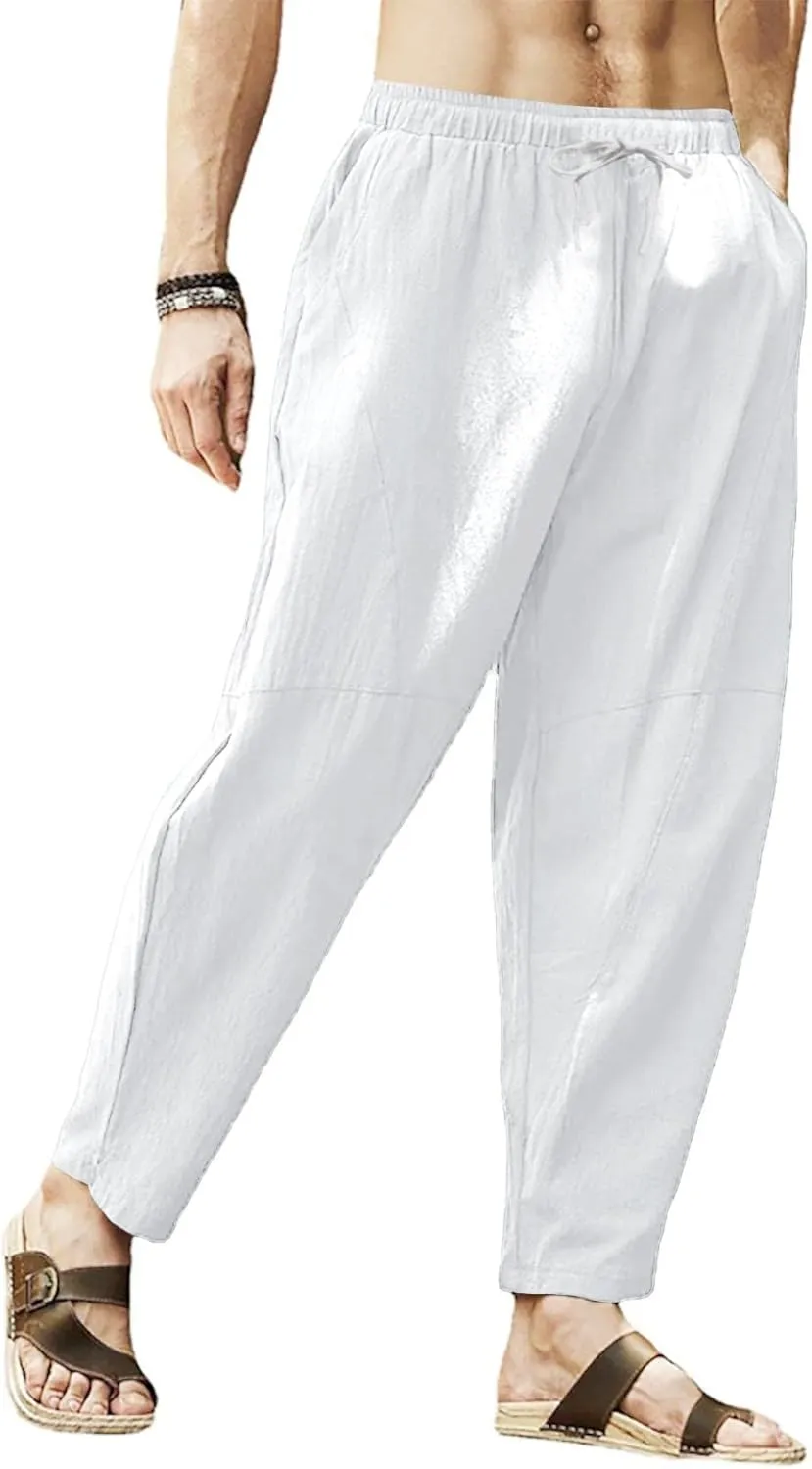 Gafeng Mens Linen Harem Pants Casual Loose Fit Beach Drawstring Elastic Waist Yoga Trousers with Pockets