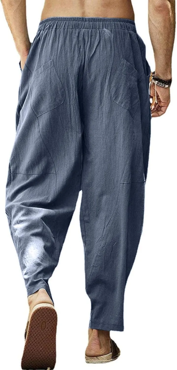 Gafeng Mens Linen Harem Pants Casual Loose Fit Beach Drawstring Elastic Waist Yoga Trousers with Pockets