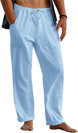 Gafeng Mens Linen Pants Yoga Beach Loose Fit Casual Summer Elastic Waist Drawstring Baggy Trousers with Pockets