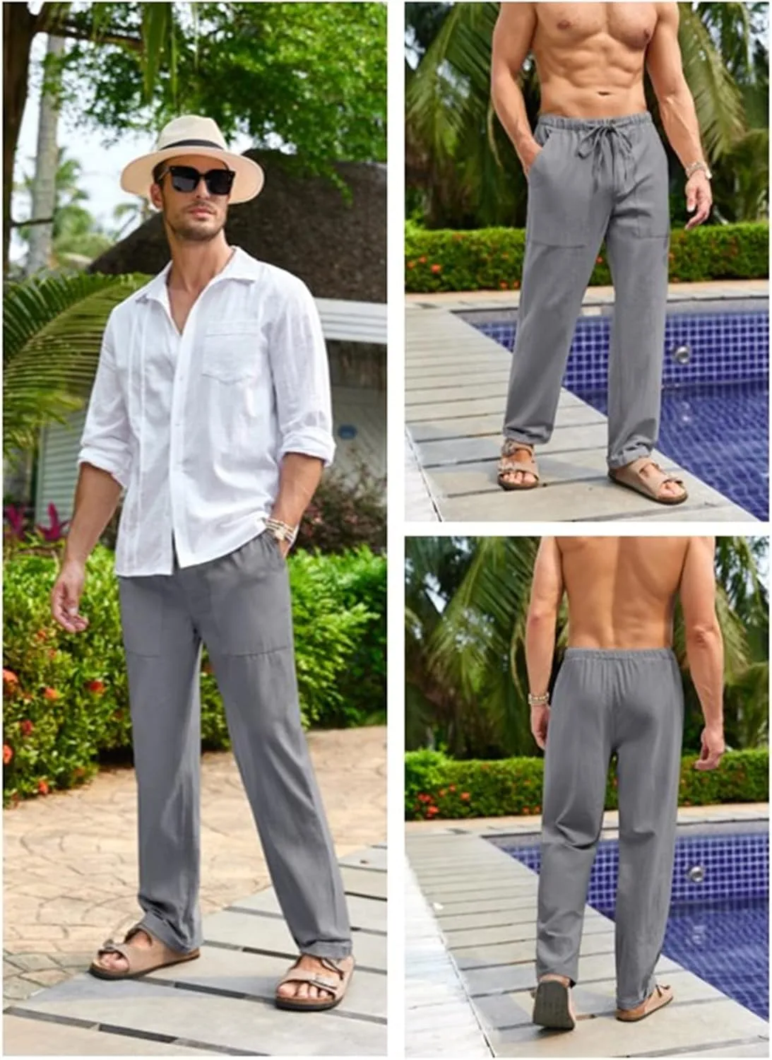 Gafeng Mens Linen Pants Yoga Beach Loose Fit Casual Summer Elastic Waist Drawstring Baggy Trousers with Pockets