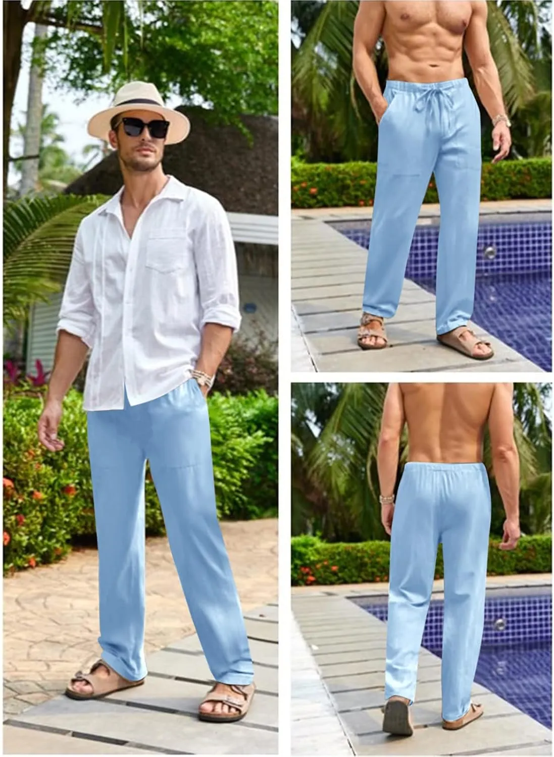Gafeng Mens Linen Pants Yoga Beach Loose Fit Casual Summer Elastic Waist Drawstring Baggy Trousers with Pockets