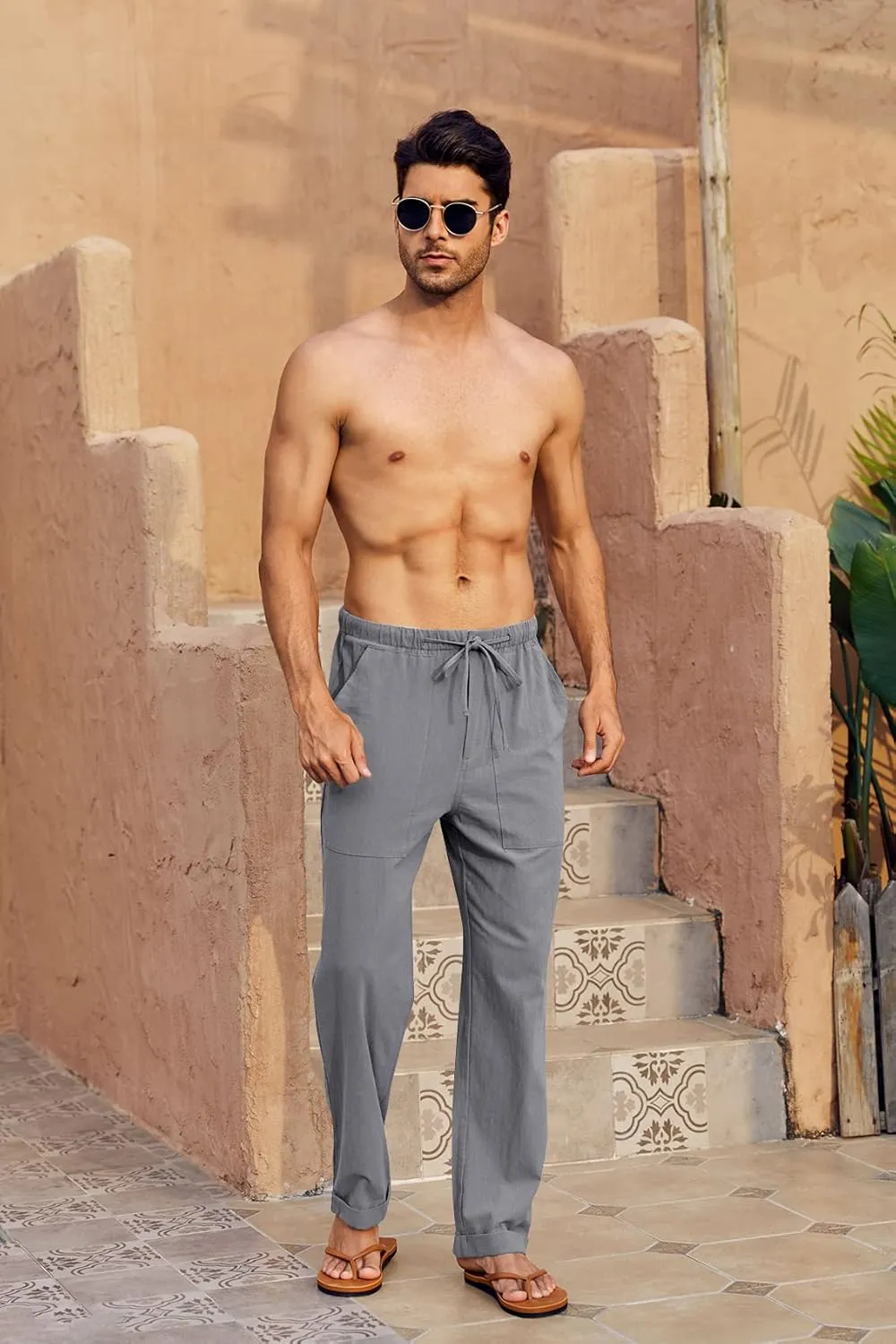 Gafeng Mens Linen Pants Yoga Beach Loose Fit Casual Summer Elastic Waist Drawstring Baggy Trousers with Pockets