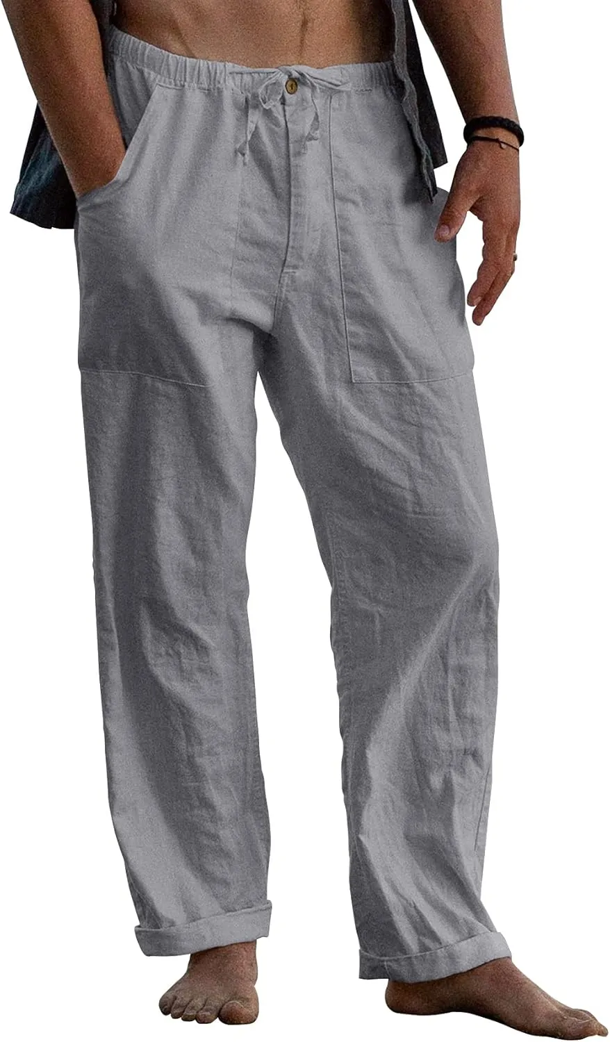 Gafeng Mens Linen Pants Yoga Beach Loose Fit Casual Summer Elastic Waist Drawstring Baggy Trousers with Pockets