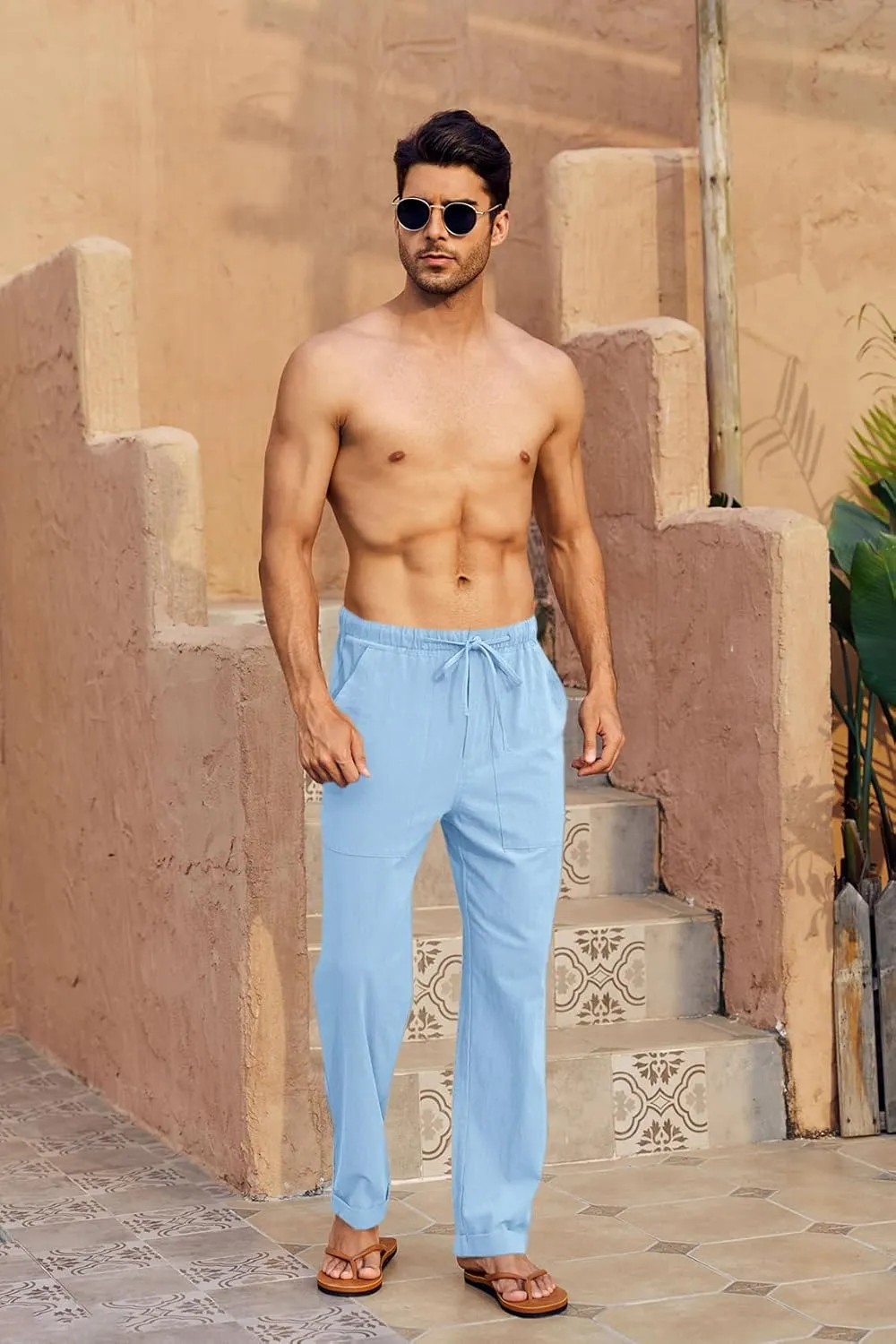 Gafeng Mens Linen Pants Yoga Beach Loose Fit Casual Summer Elastic Waist Drawstring Baggy Trousers with Pockets