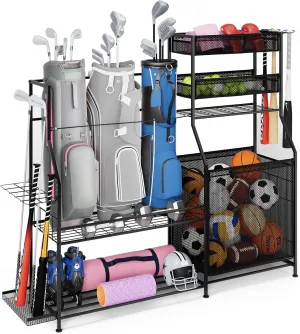 Garage Sports Equipment Organizer,3 Golf Bags Storage Stand,Heavy-Duty Ball Storage Rack with Basket and Hooks,Space-Saving Design for Toy Sports Gear Storage Indoor/Outdoor Use (Black)
