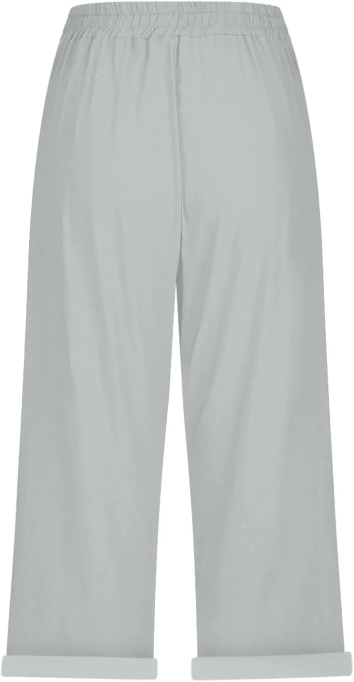 Gauze Beach Pants for Women Cotton Linen Elastic Seven Pants Beach Casual Pants Linen Loose Fit Drawstring Trousers