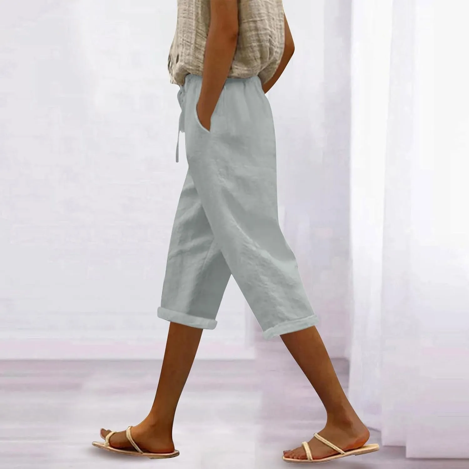 Gauze Beach Pants for Women Cotton Linen Elastic Seven Pants Beach Casual Pants Linen Loose Fit Drawstring Trousers