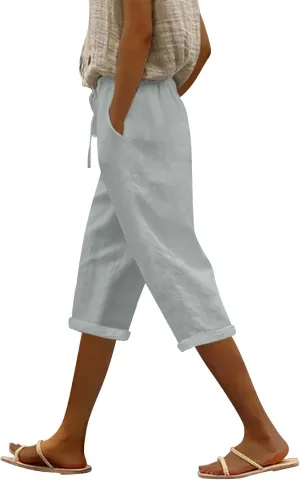 Gauze Beach Pants for Women Cotton Linen Elastic Seven Pants Beach Casual Pants Linen Loose Fit Drawstring Trousers
