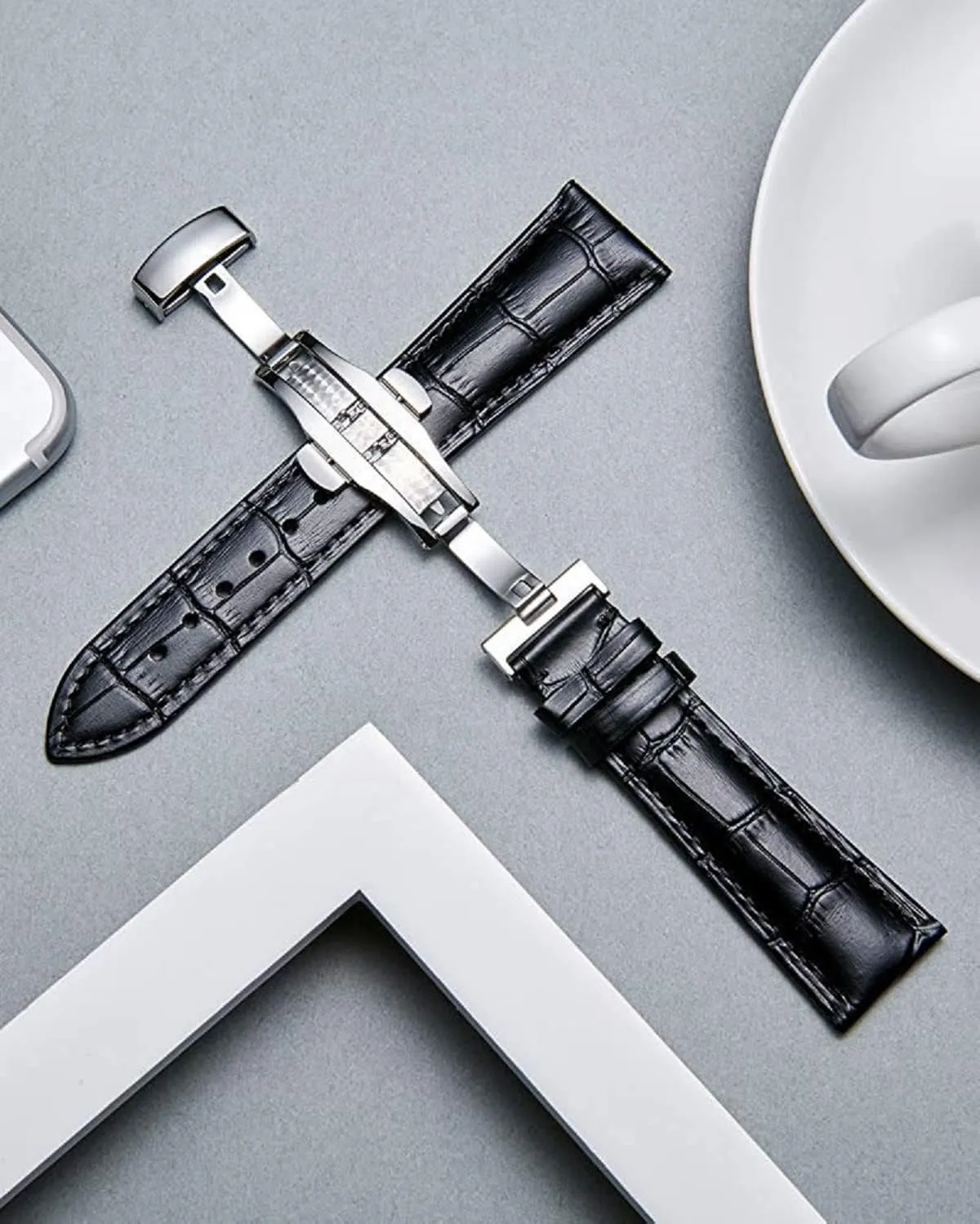 Genuine Leather Band Alligator and Cowhide Replacement Deployment Buckle Watch strap18mm to 24mm Crocodile Leather Strap for Men's and Women's