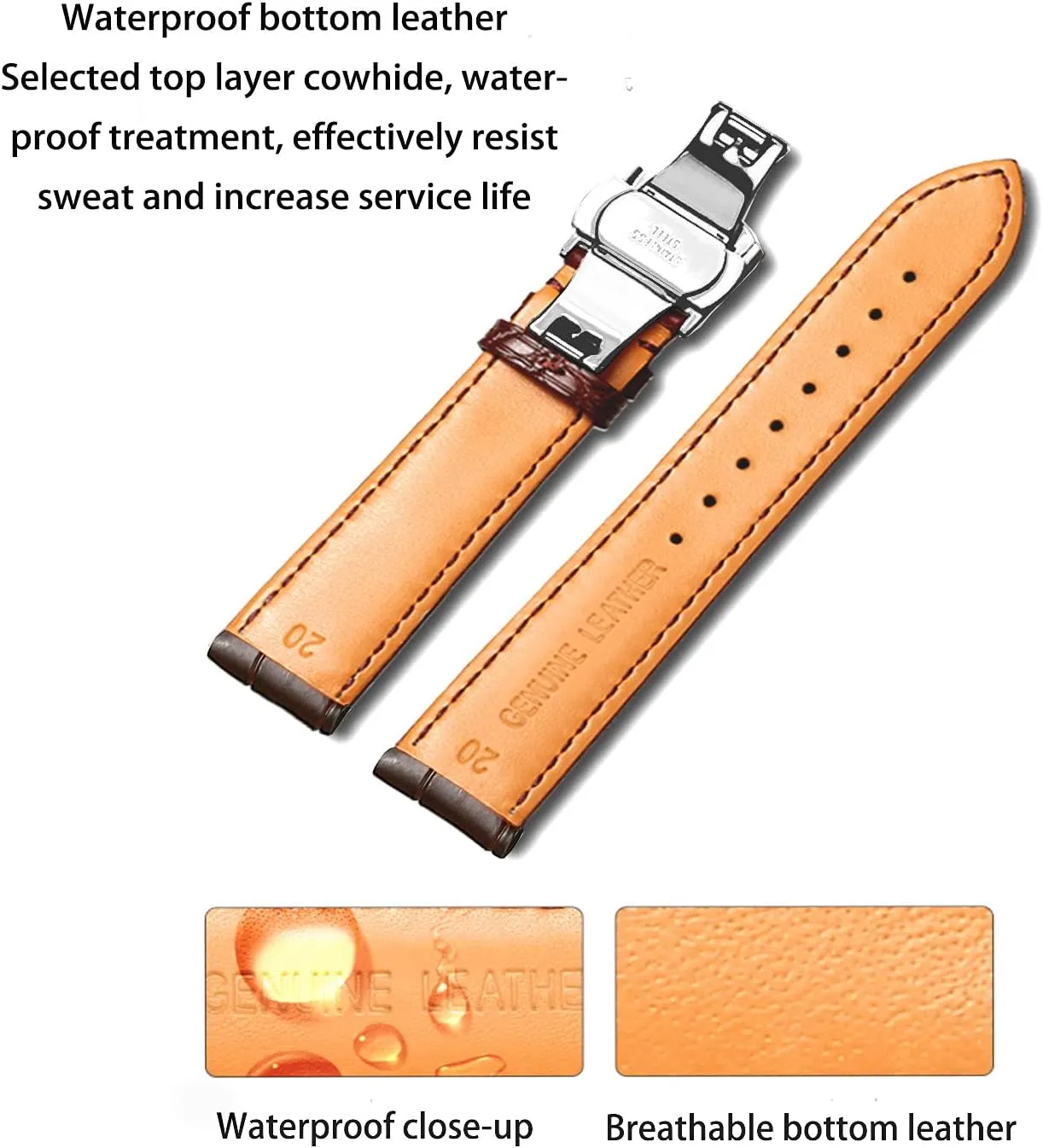 Genuine Leather Band Alligator and Cowhide Replacement Deployment Buckle Watch strap18mm to 24mm Crocodile Leather Strap for Men's and Women's