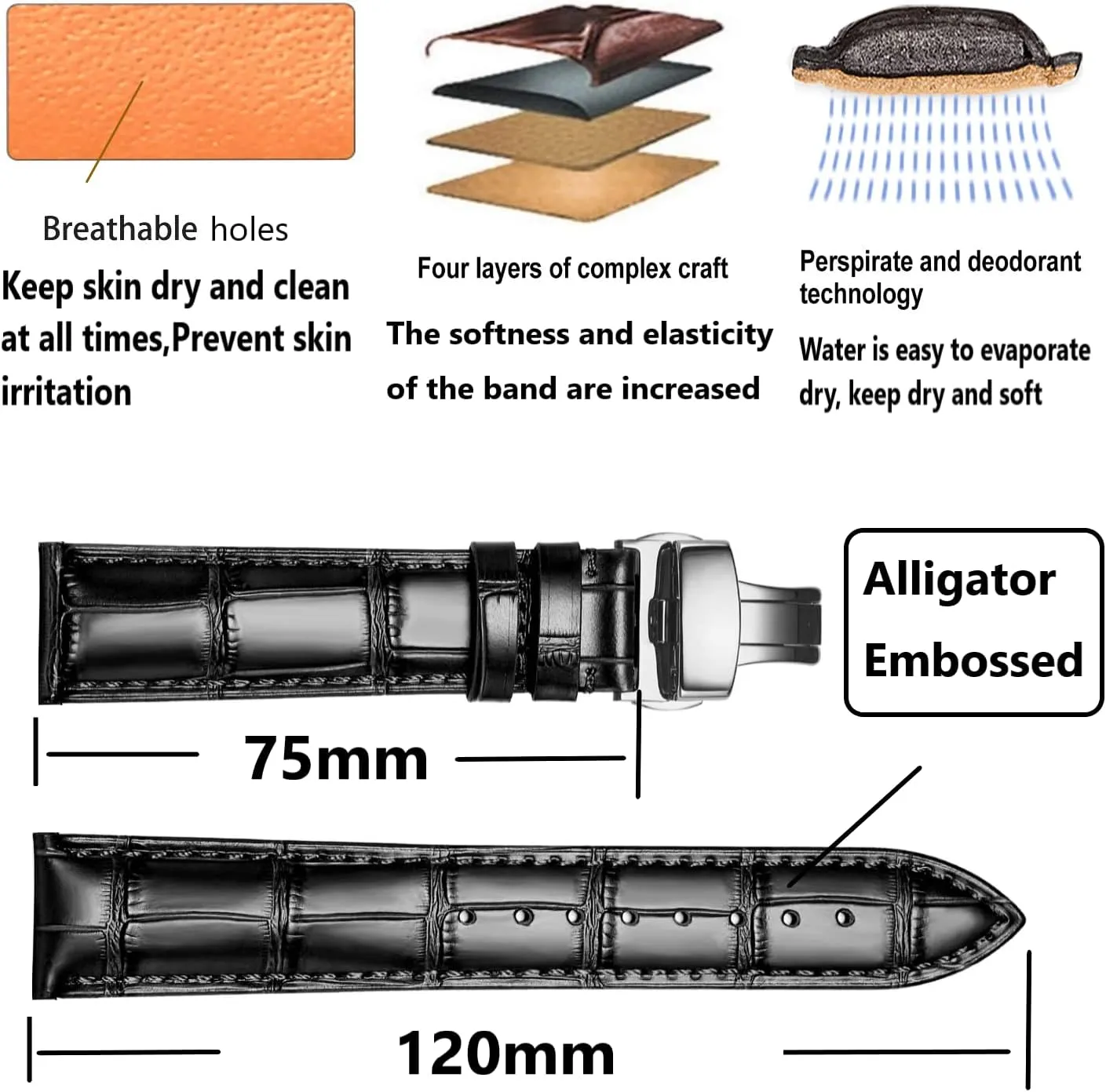Genuine Leather Band Alligator and Cowhide Replacement Deployment Buckle Watch strap18mm to 24mm Crocodile Leather Strap for Men's and Women's
