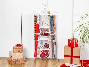 Gift Wrap Organizer - Storage for Wrapping Paper (All Sized Rolls), Gift Bags, Bows, Ribbon and More - Organize Your Closet with this Hanging Bag & Box to Have Organization, Clear Pockets & Hook Hangs