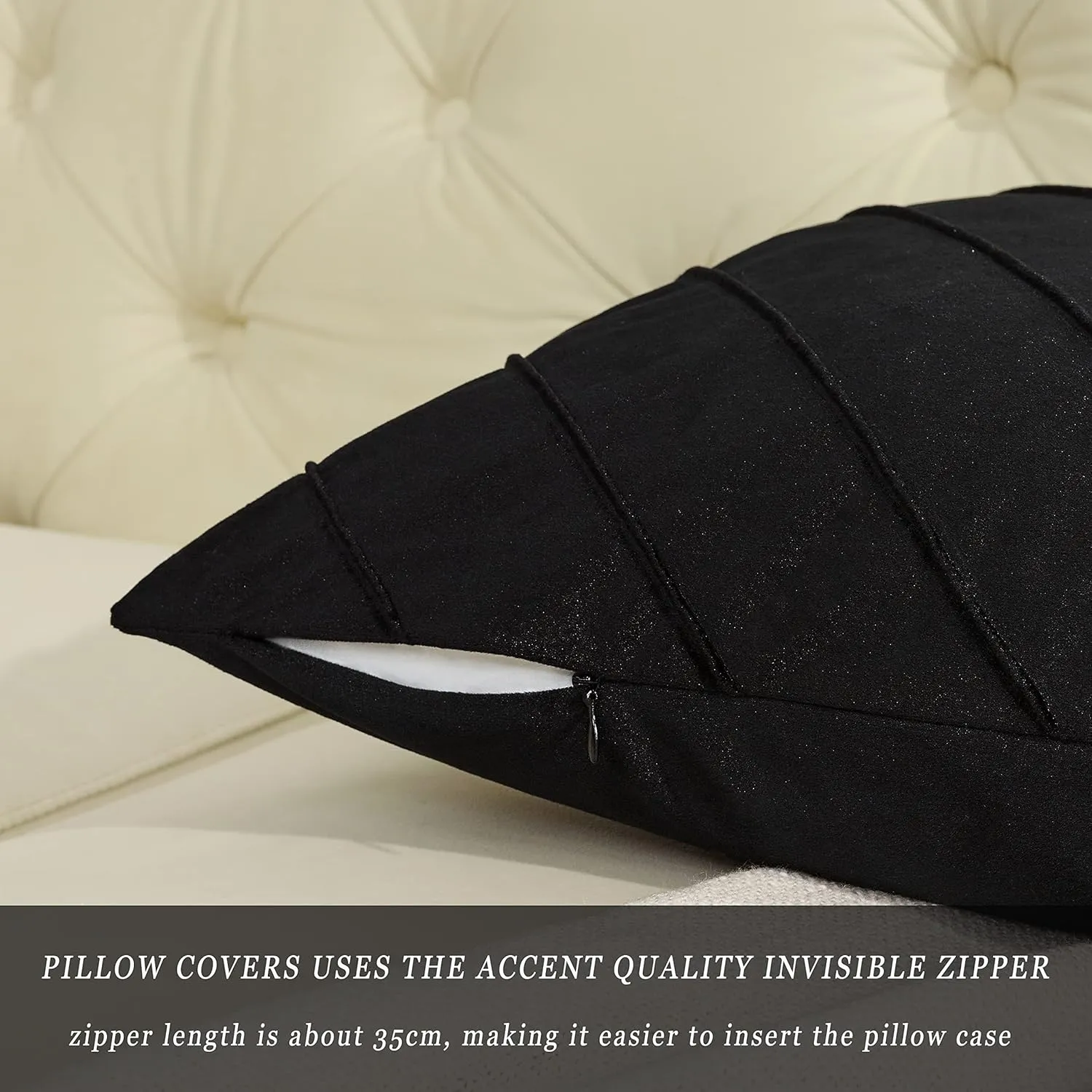 GIGIZAZA Decorative Velvet Pillow Covers 16x16, Set of 2 Black Sofa Couch Throw Pillows Covers Cases, Living Room Square Cushion Accent Stripe Covers