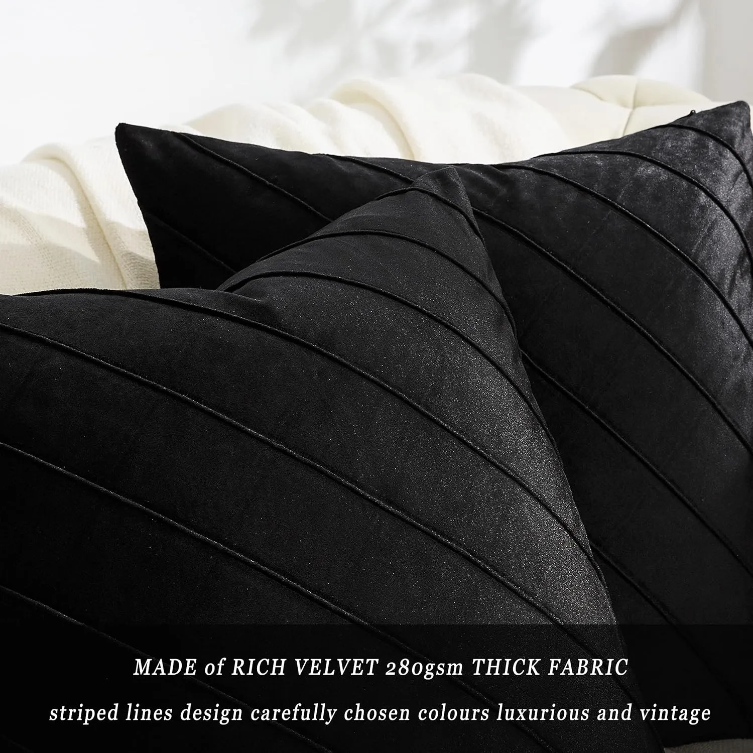 GIGIZAZA Decorative Velvet Pillow Covers 16x16, Set of 2 Black Sofa Couch Throw Pillows Covers Cases, Living Room Square Cushion Accent Stripe Covers